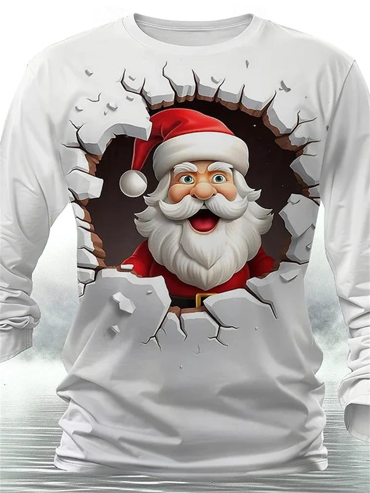 New Fun Christmas Long Sleeve T-Shirt Santa Claus Pattern Sweatshirt Men Role Play Pullover Boys Round Neck Polyester Sweatshirt
