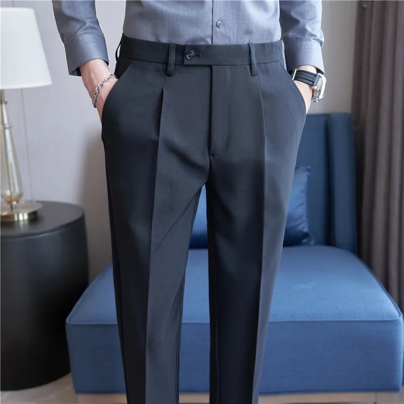 High Quality Men Solid Color Business Office Social Trousers New Formal Wear Wedding Slim Fit Casual Fashion Suits Pant 38-29