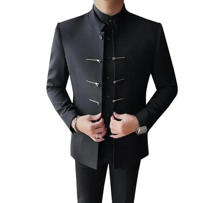 Chinese Style Stand Up Collar Suit Jacket for Men High Quality Mens Slim Fit Casual Social Wedding Dress Coat Men's Clothing