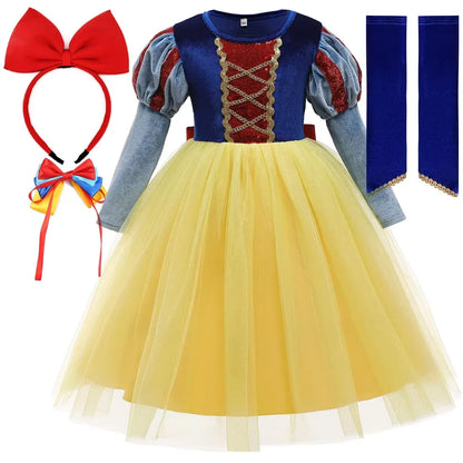 Halloween New Movie Snow White Princess Dress Girl Cosplay Yellow Snow White Party Yellow Stripe Dress Accessories Suit