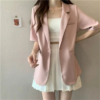 2026 Female Short Sleeved Suit Coat Women Summer Loose Fitting Solid Color Blazer Jacket Ladies Korean Leisure Tops Outerwear