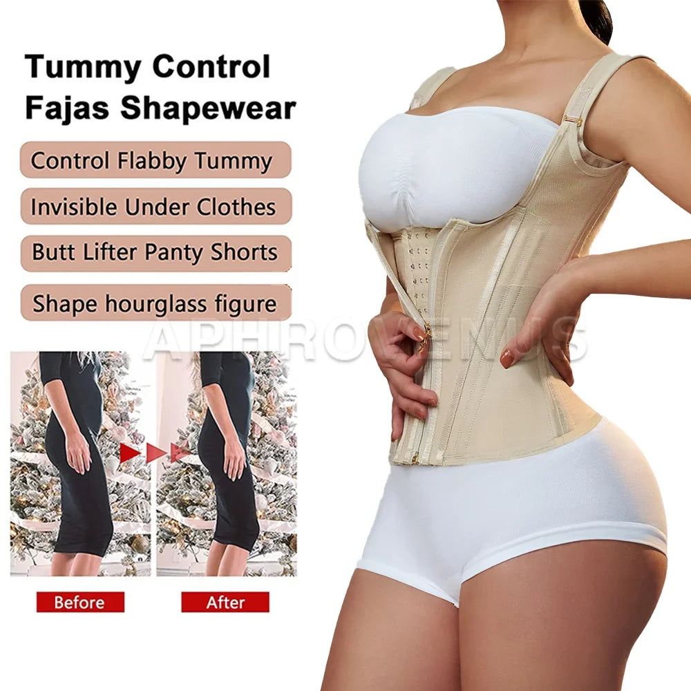 Fajas Colombianas Women Double Compression Waist Trainer Corset with Bone Adjustable Zipper and Hook-eyes Flat Belly Body Shaper