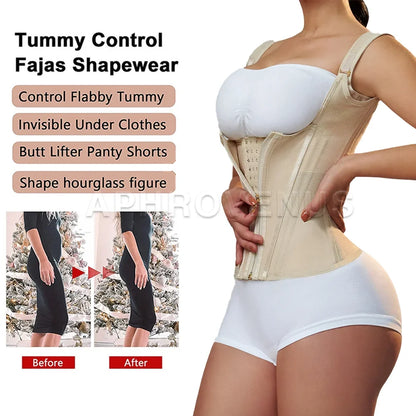 Fajas Colombianas Women Double Compression Waist Trainer Corset with Bone Adjustable Zipper and Hook-eyes Flat Belly Body Shaper