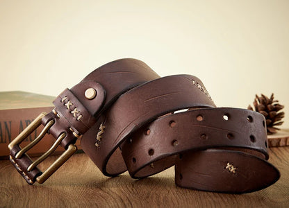 3.8CM Real Genuine Leather Belt Luxury Designer Brass Double Pin Buckle Belts Pure Cowskin Vintage Strap Male Jeans Belt for Men