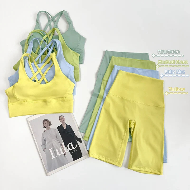 2 Pieces Yoga Shorts Gym Sports Sets Women Fitness Suits Cross Back Bra Top High Waist Shorts Running Workout Tracksuit👚👍️