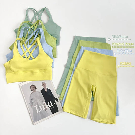 2 Pieces Yoga Shorts Gym Sports Sets Women Fitness Suits Cross Back Bra Top High Waist Shorts Running Workout Tracksuit👚👍️