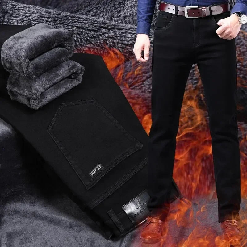 2025 New Business Casual Trousers Grey Fleece Men Clothes Black Blue Elasticity Warm Winter Jeans Velvet Jeans 28-40
