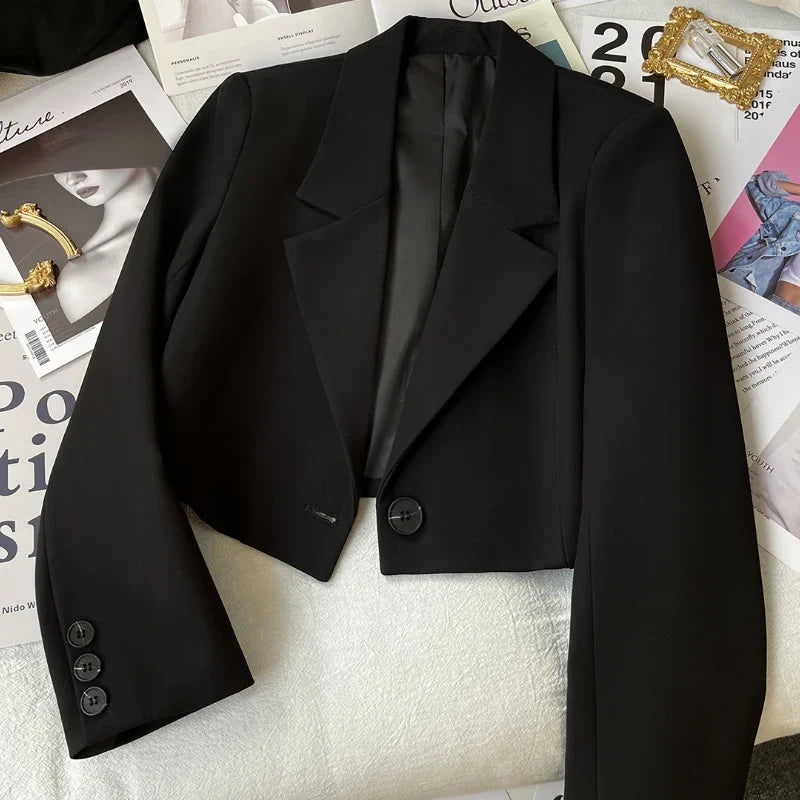 Black Cropped Blazers Woman Trend 2025 New All-match Notched Collar Crop Jacket Women Korean Chic Single Button Suit Coat