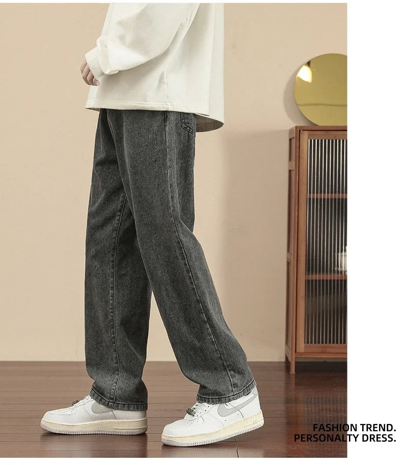 2023 New Korean Fashion Men's Casual Ankle-Length Jeans Classic Man Straight Denim Wide-leg Pants Light Blue Grey Black 3XL