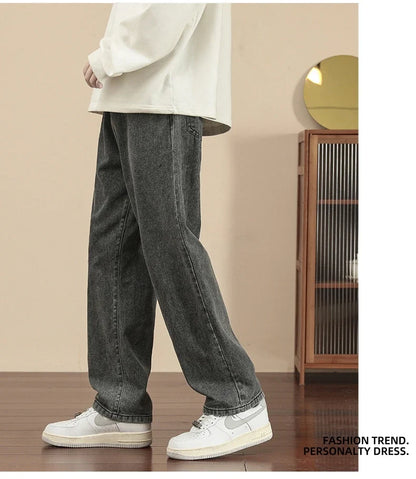 2023 New Korean Fashion Men's Casual Ankle-Length Jeans Classic Man Straight Denim Wide-leg Pants Light Blue Grey Black 3XL
