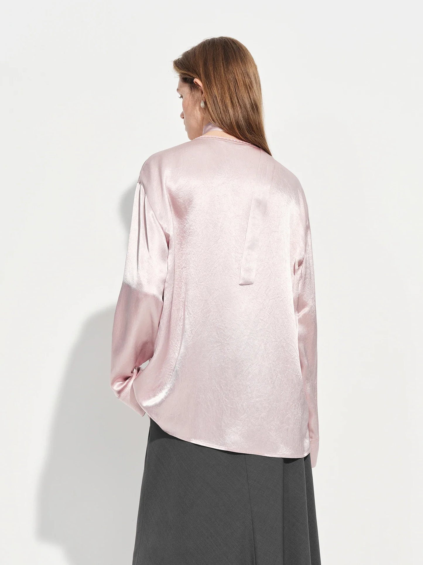 French-style Elegant V-neck Acetate Long-sleeved Shirts Women New Spring 2026 Design Satin Top Lace Bow