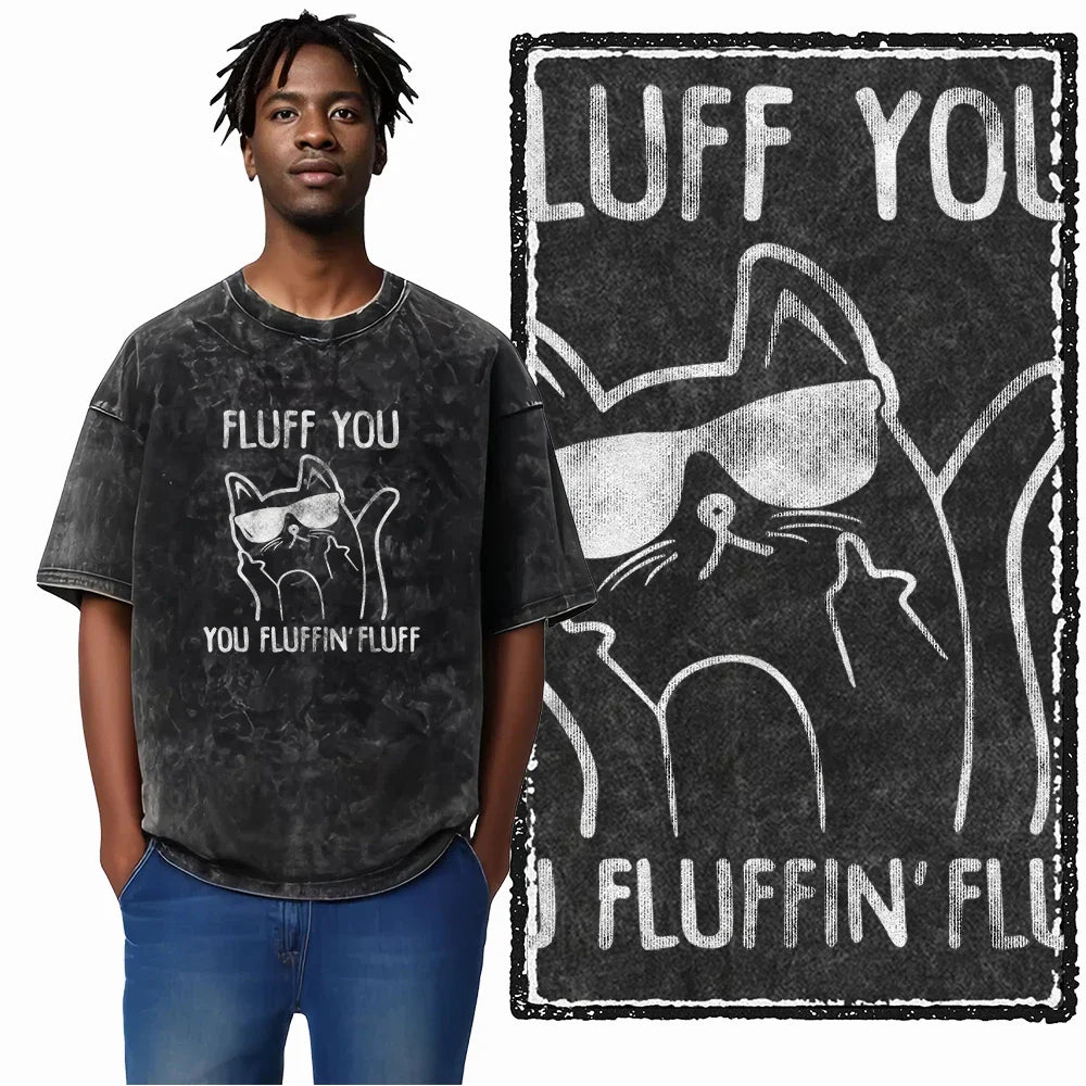 Cat Printed Cotton Acid Washed Exclusive Graphic Unisex T Shirt Cool Streetwear Men Tshirts Big Size Tee for Men