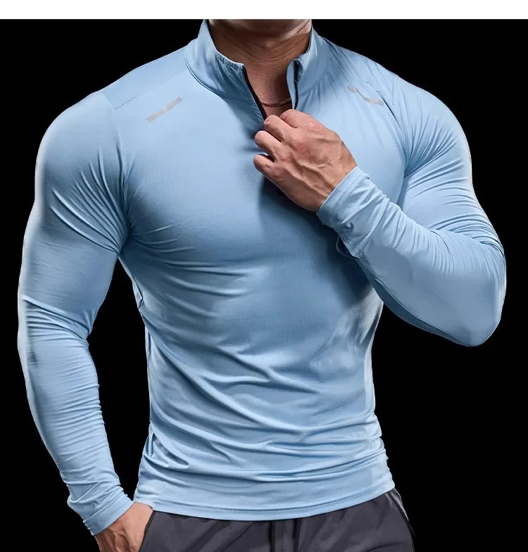 Men Long Sleeve Stand Collar Zipper T-shirt Gym Running Training Fitness Bodybuilding Sport Top Quality Elastic Tight Tops Tees