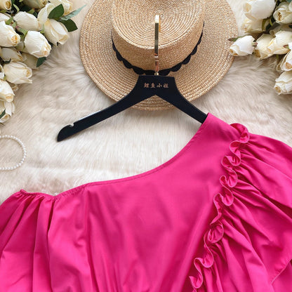 American Chic Blouse for Women Flounced Edge Skew Collar Bare Midriff Belt Skinny Shirts Summer Casual Female Tops Dropshipping