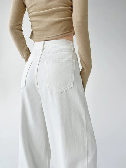White Thin Pleated High Waist Non-Light Wide Leg Jeans Women's American High-End Loose Straight Lazy Floor-Length Pants