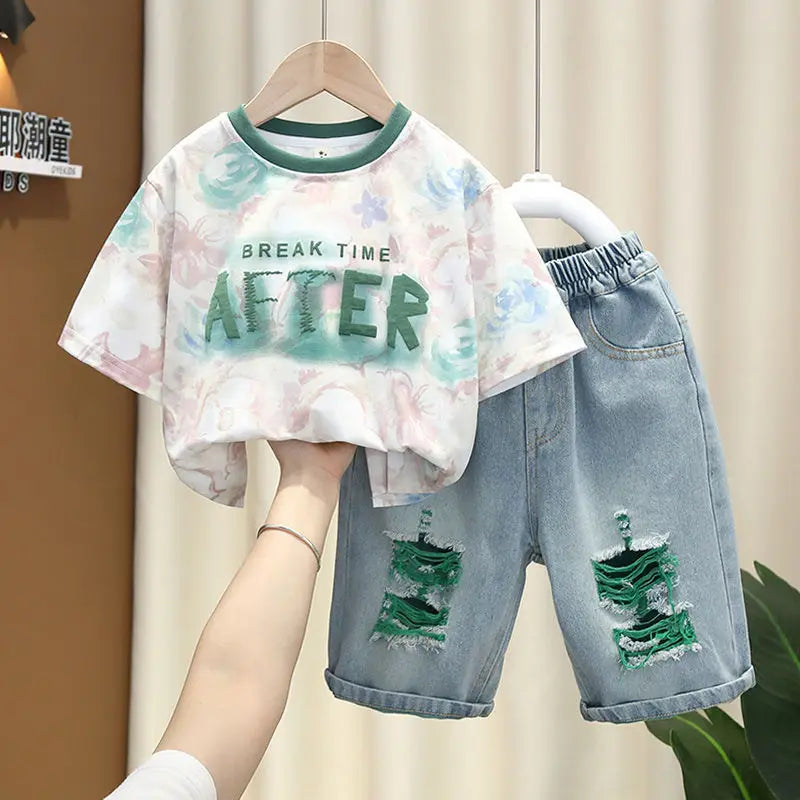 Korean Children's Summer Clothes Kids Set Outfits Boys 2026 Handsome Sleeveless&Short Sleeved T-shirt Denim Shorts 2-piece Set