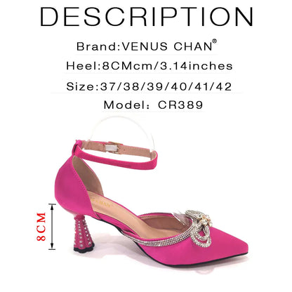 2023 Ladies Pointed-Toe Party High Heels Magenta Colour Bow Rhinestone Stereo Bag Evening  African Wedding Shoe And Bag Set