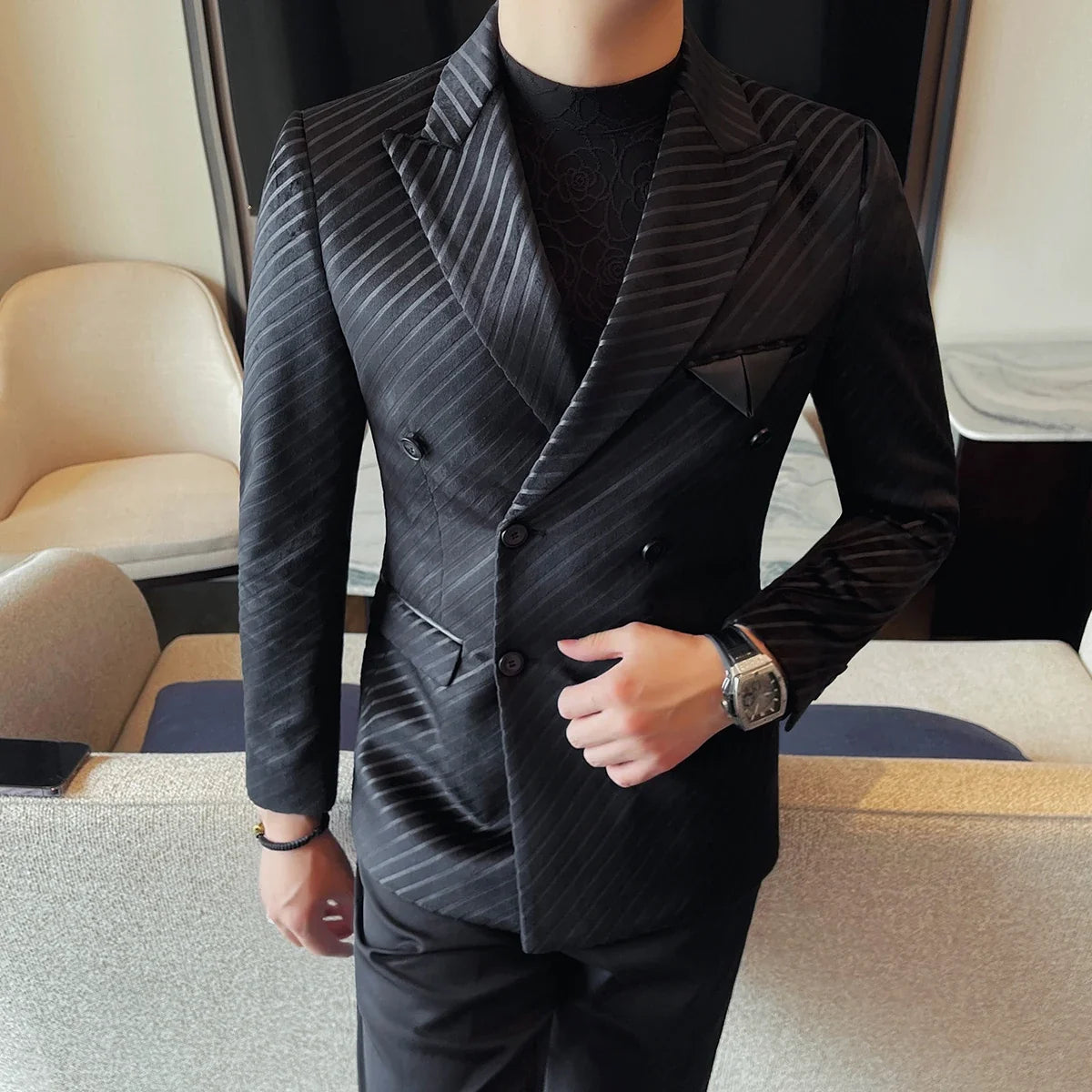 British Style Luxury Men Double Breasted Twill Suit Jacket High Quality Fashion Business Slim Fit Groom Social Party Suit Dress