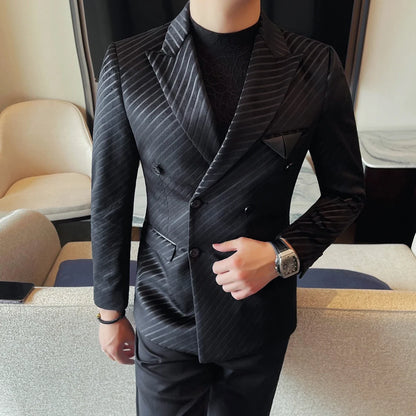 British Style Luxury Men Double Breasted Twill Suit Jacket High Quality Fashion Business Slim Fit Groom Social Party Suit Dress