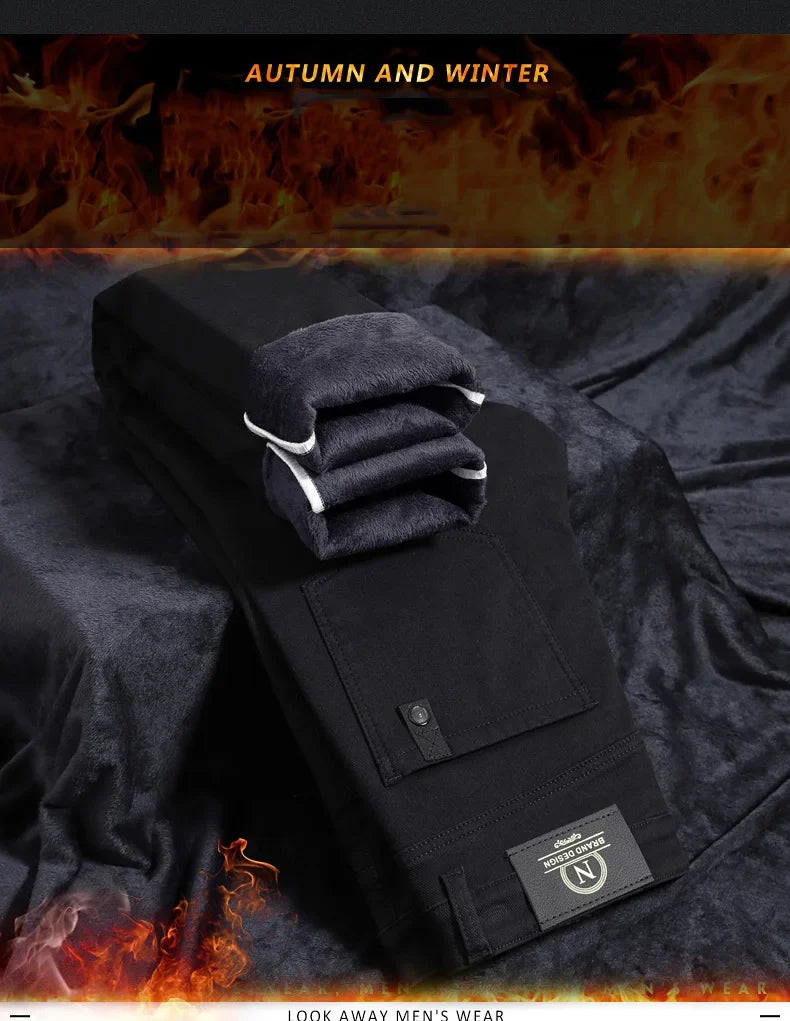 2024 Winter New Men's Warm Slim Fit Business Casual Fashion Thicken Trousers Fleece Stretch Brand Pants Black Grey Army Green