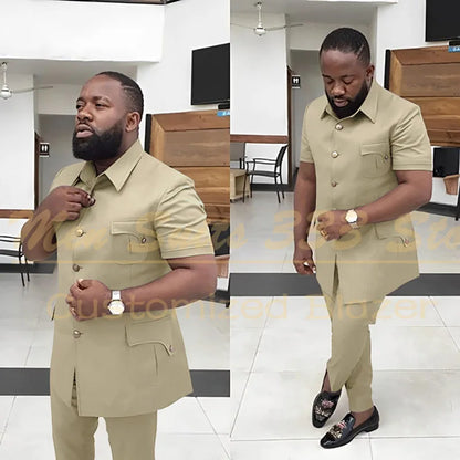 Summer Men's Suits Solid Color Short Sleeve Single Breasted Stand Lapel Casual Outfits 2 Piece Jacket Pants Set Slim Fit Terno
