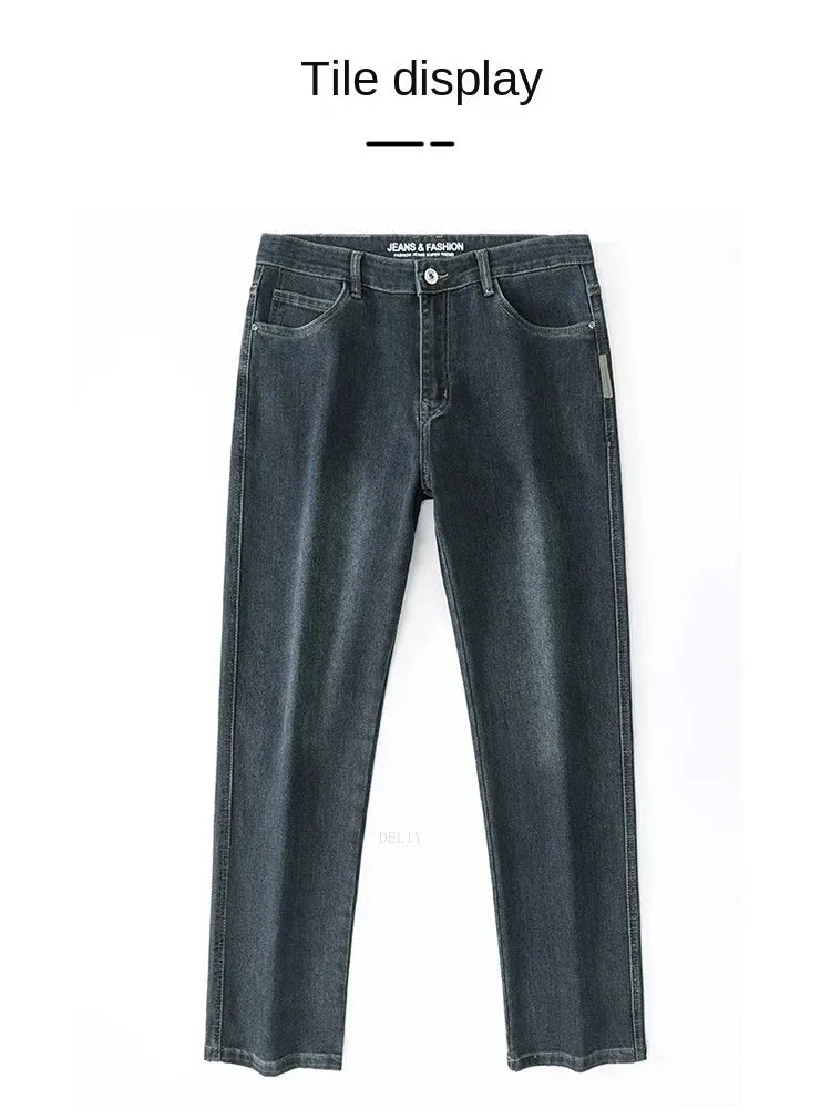 Autumn Winter  Brand New High Waist Jeans Classic Business Casual Office Men's Fashion Stretch Slim Denim Jeans Navy Blue