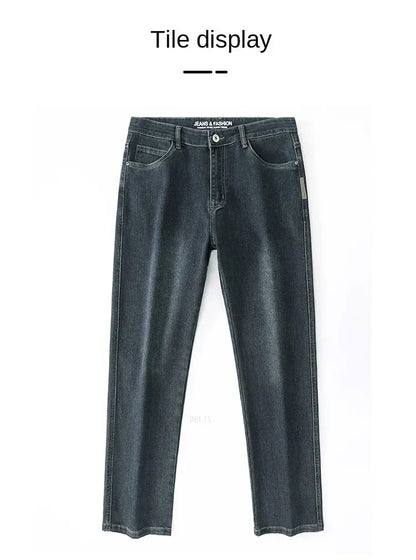 Autumn Winter  Brand New High Waist Jeans Classic Business Casual Office Men's Fashion Stretch Slim Denim Jeans Navy Blue