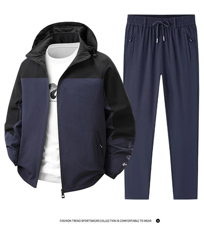 Men Spring Autumn Sport Set Comfortable Breathable Detachable Hooded Jacket Pant Set Training Morning Fitness Running Sport Suit