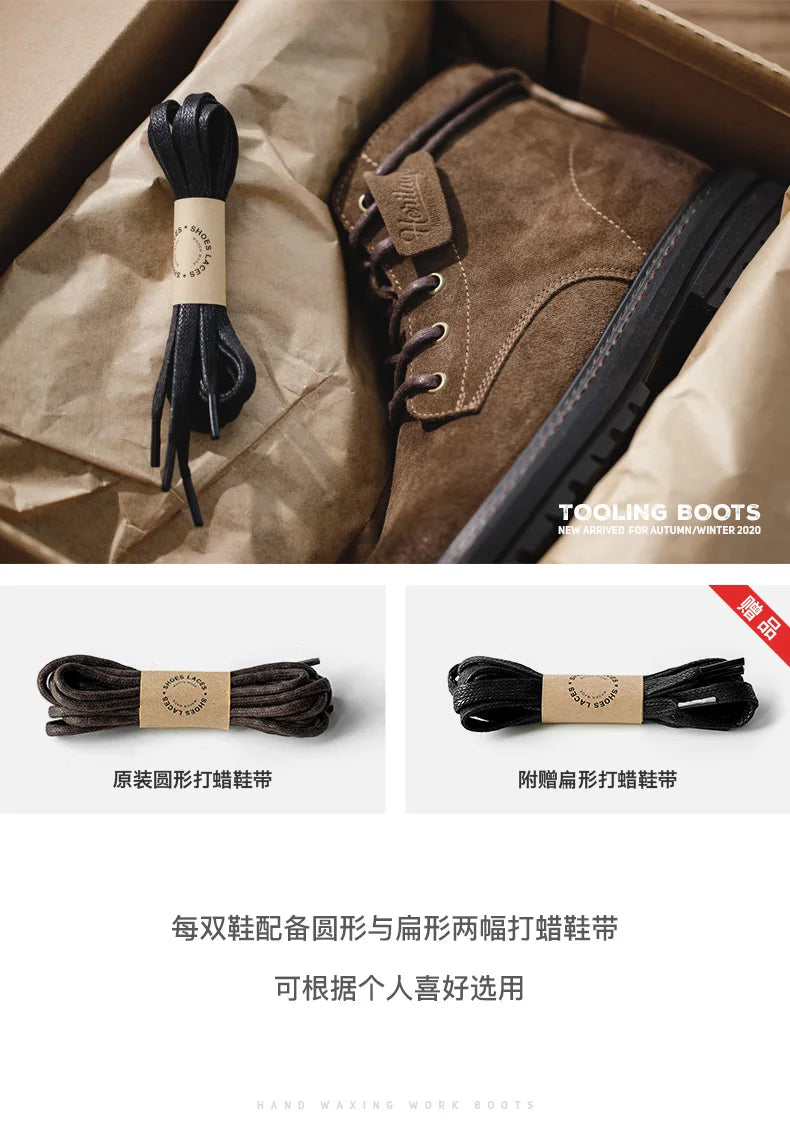 Maden Retro Fleece-lined Split Suede Boots High-Top Work Boots Lace-Up Desert Ankle Rugged Sole Boots Outdoor Winter Fall Shoes