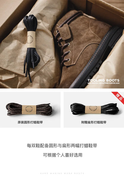 Maden Retro Fleece-lined Split Suede Boots High-Top Work Boots Lace-Up Desert Ankle Rugged Sole Boots Outdoor Winter Fall Shoes