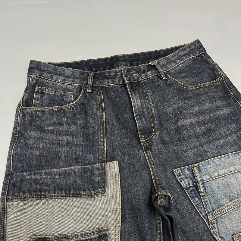 Patchwork Straight Leg Jeans Plus Size Multi Pocket Japanese Streetwear High Quality Trendy Skater Fit Denim Trousers 2025 New