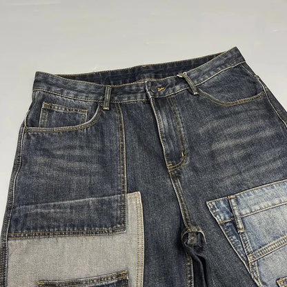 Patchwork Straight Leg Jeans Plus Size Multi Pocket Japanese Streetwear High Quality Trendy Skater Fit Denim Trousers 2025 New