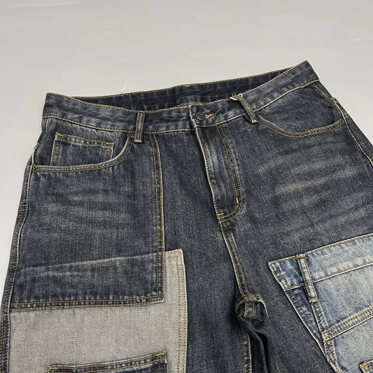 Patchwork Straight Leg Jeans Plus Size Multi Pocket Japanese Streetwear High Quality Trendy Skater Fit Denim Trousers 2025 New