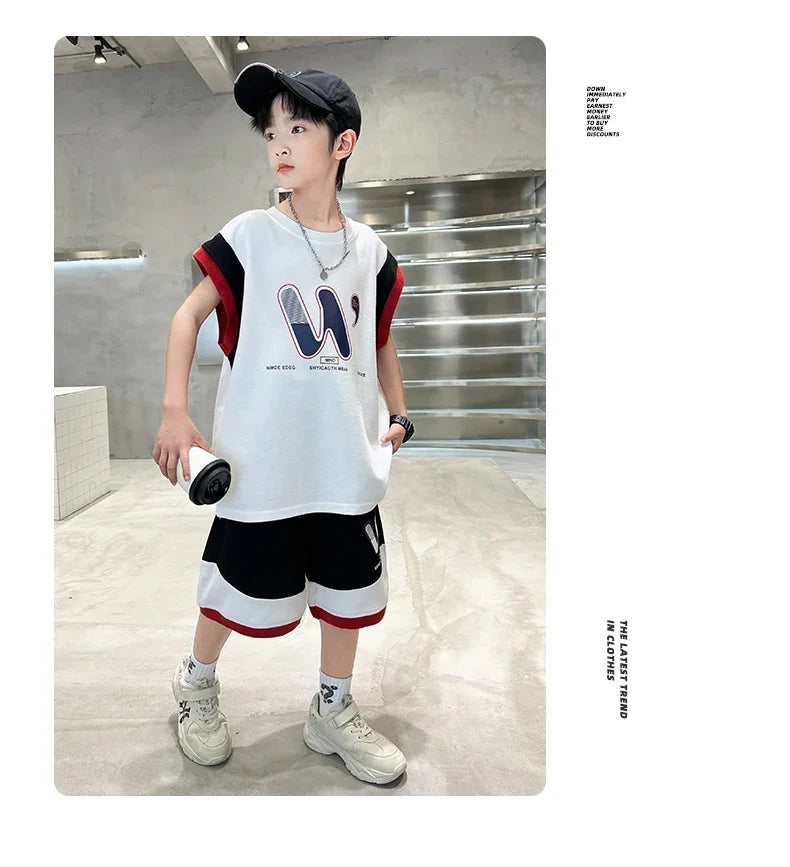 Children Summer Clothing Top and Bottom Set For Boys Cotton Clothes Suit Outfit Suit Kids Sleeveless T-shirt Shorts Tracksuit