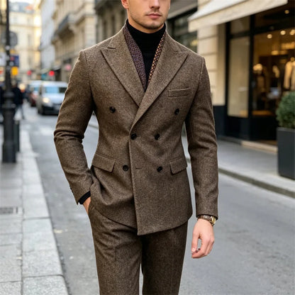 Wool Blend Men's 2 Piece Suit Set（Jacket+Pants) Double Breasted Lapel Suit Set Wedding Prom Dinner Wrok Travel Dinner Banquet