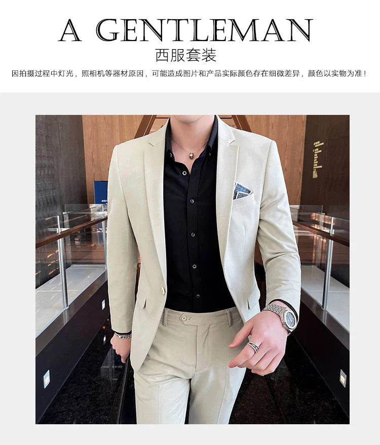 Men's Stylish Handsome Solid Color Suit Two-Piece Set M-4XL High Quality Formal Casual Banquet Fit Trousers Included