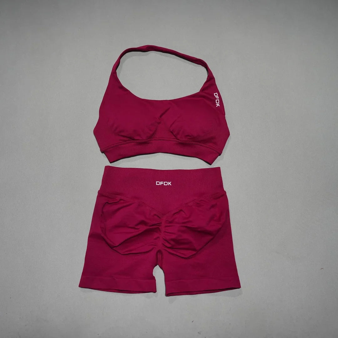 Women's Fashion 2 Piece Sports Set Lace Up Sports Bra Seamless Shorts Leggings Yoga Gym Fitness Running Tracksuit