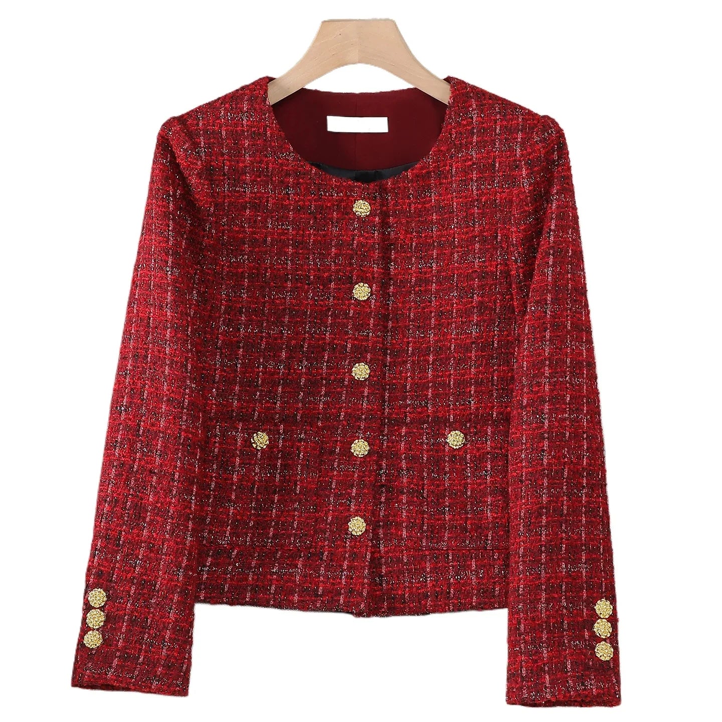 Women Elegant Solid Color Retro Blazer Jacket for Spring Autumn 2026 Long Sleeve Round Neck Single Breasted Short Coat with