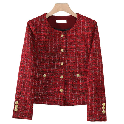 Women Elegant Solid Color Retro Blazer Jacket for Spring Autumn 2026 Long Sleeve Round Neck Single Breasted Short Coat with