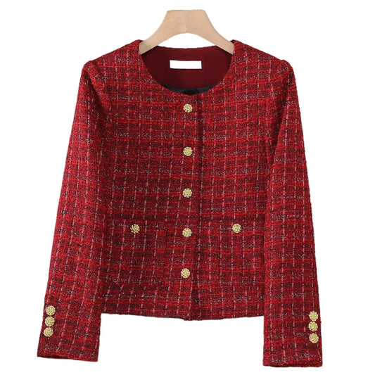 Women Elegant Solid Color Retro Blazer Jacket for Spring Autumn 2026 Long Sleeve Round Neck Single Breasted Short Coat with