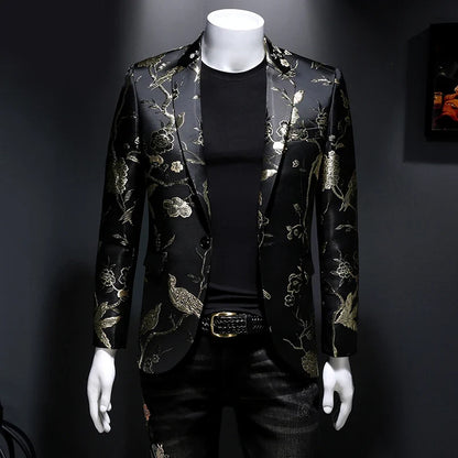 New Vintage Luxurious Jacquard Floral Suit Jacket Men Wedding Banquet Club Party Dress Singers Tuxedo Slim Fit Blazers Hommes