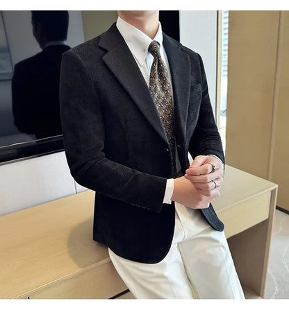 Autumn Winter Fashion Seaweed Pattern Suit Jacket High Quality Luxury Slim Fit Casual Men's Blazers Coats Social Prom Tuxedo