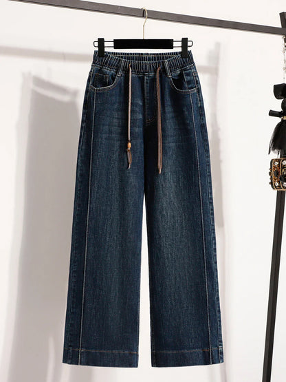 Slimming Wide Leg Jeans Women's Casual Straight Cut Spring Autumn ular plus Size Cotton Stretch Denim Pure Color