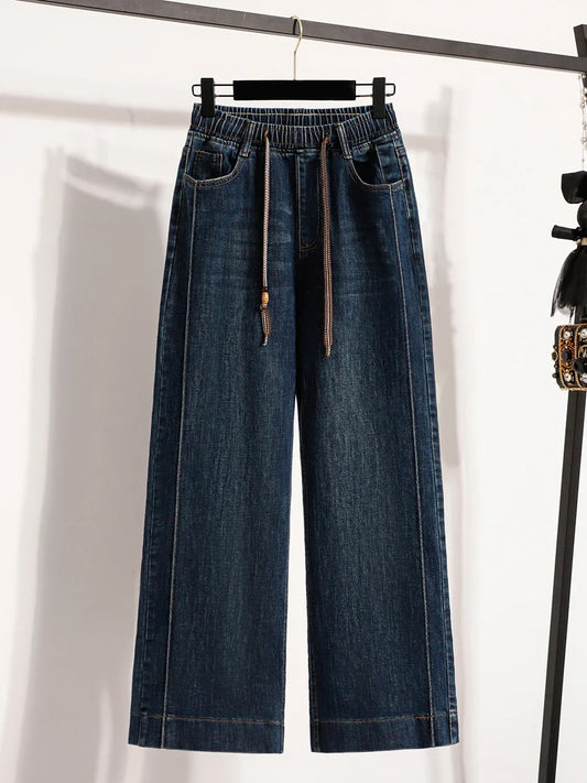 Slimming Wide Leg Jeans Women's Casual Straight Cut Spring Autumn ular plus Size Cotton Stretch Denim Pure Color