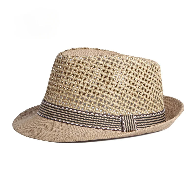 Men's Hats Summer Breathable Straw Small Top Hat Women's Sun Protection Beach Hat British Retro Jazz Cap Mesh Fedora Black Hat