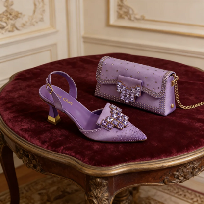 Taro Purple Color Shoes and Bag Elegant Handbags and Medium Heel Shoes Beautiful Handmade Flowers For Wedding Party
