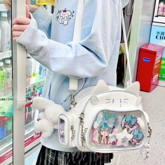 Korean Kawaii Cat Lolita Bag Cute PU Shoulder Bag Girls Transparent Pocket Harajuku Crossbody Bag Women's Fashion Backpacks