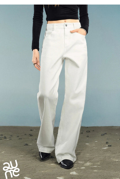 Women Denim Jeans 2025 Autumn New Lycra Stretch Washed Wide Leg Straight Long Pants