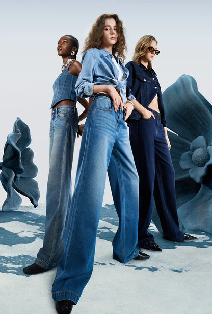 Women Denim Jeans 2025 Spring New Acetate Wide Leg Mid Low Waist Slim Fit Straight Wide Leg Pants