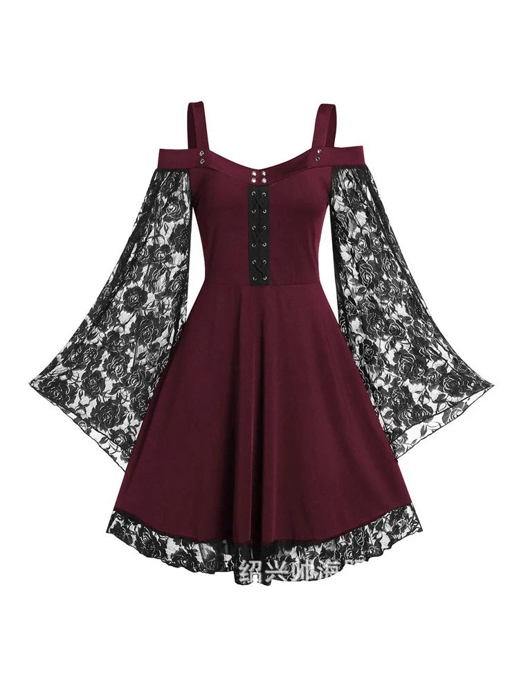 2022 New Gothic One-shoulder Lace Stitching Flared Sleeve Dress Literary Vintage Autumn Grunge Black A-line Dress Punk Partywear